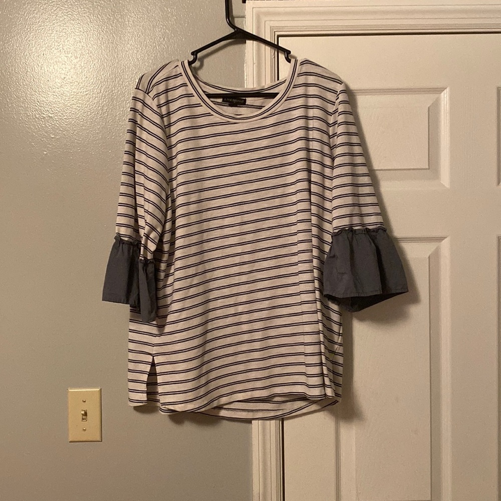 Dressy shirt, Lane Bryant brand, 18/20 is the size. Black, white, and blue color
